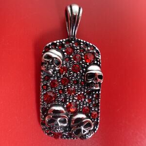 Stainless Steel Red Cubic Zirconia Encrusted Dog Tag with Skulls SP-1810